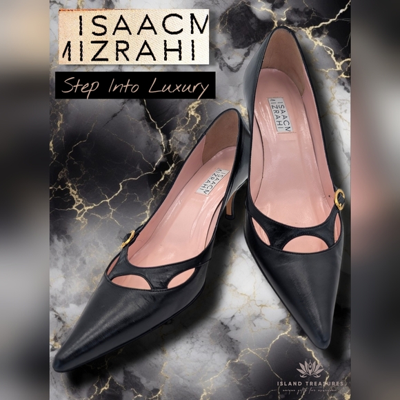 Isaac Mizrahi Shoes - ISAACM MIZRAHI Size 7M Women Genuine Black Leather Heel Gold Buckle Pointed Toe